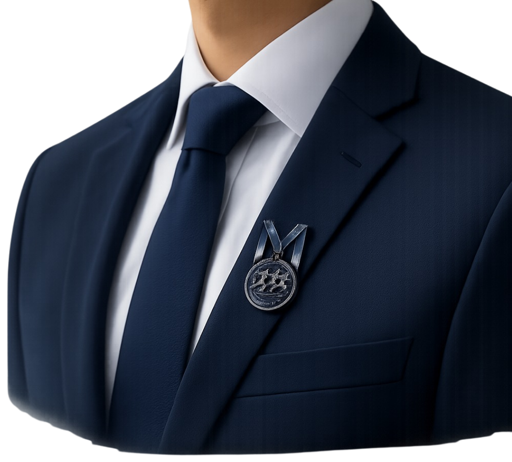Ejemplo de uso de pin personalizado Medallium en traje corporativo